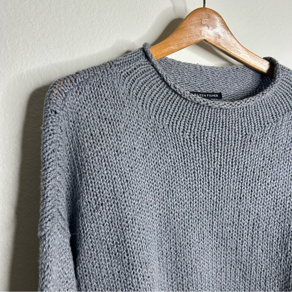 Eileen Fisher 100% Organic Cotton Thick Textured Knit Mock Neck Blue Sweater - Picture 10 of 16